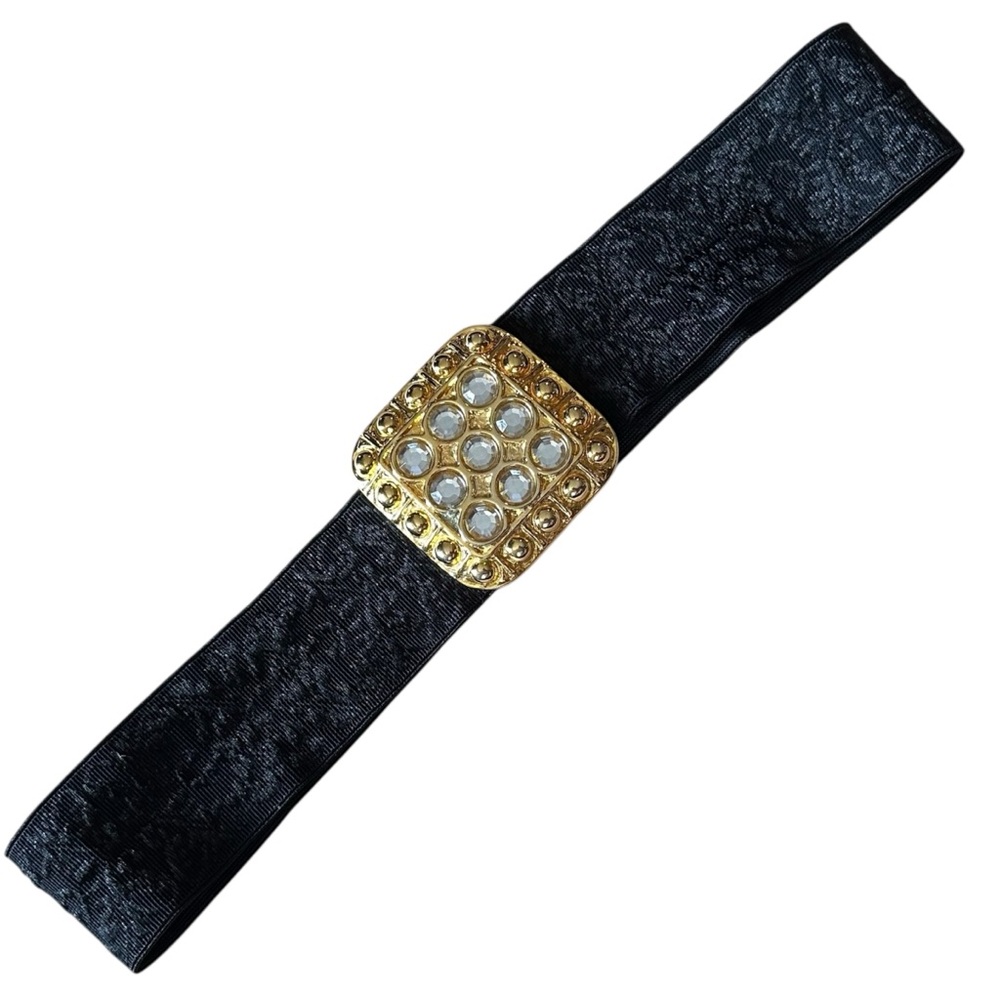 Vintage Black Stretch Belt with Square Gold Buckle